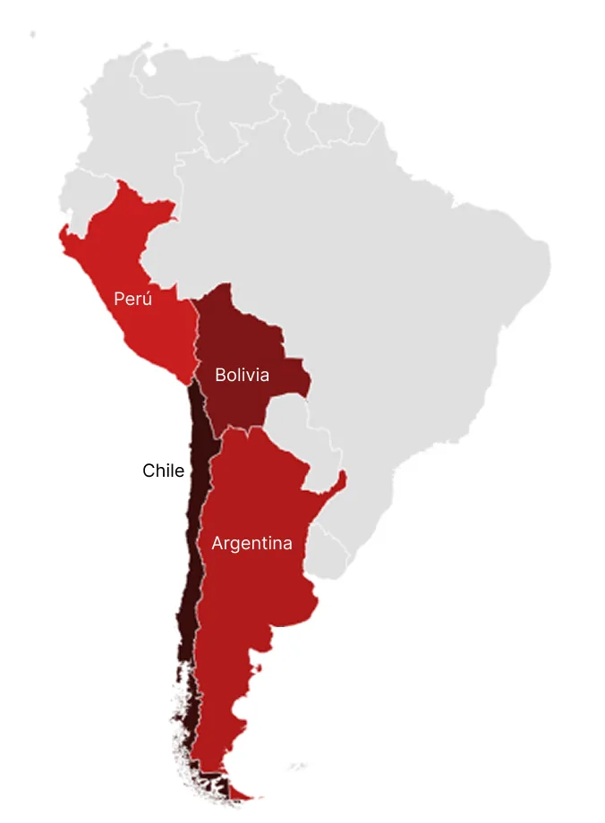 Map of South America with Bolivia, Argentina, Chile and Peru highlighted